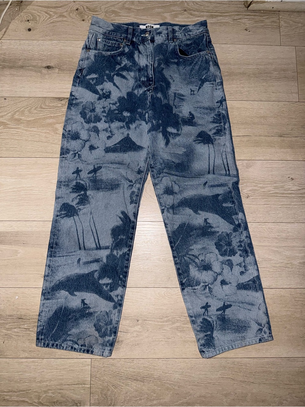 MSGM Milano Surf /Hawaii Tropical Pattern Print Blue Denim Jeans
